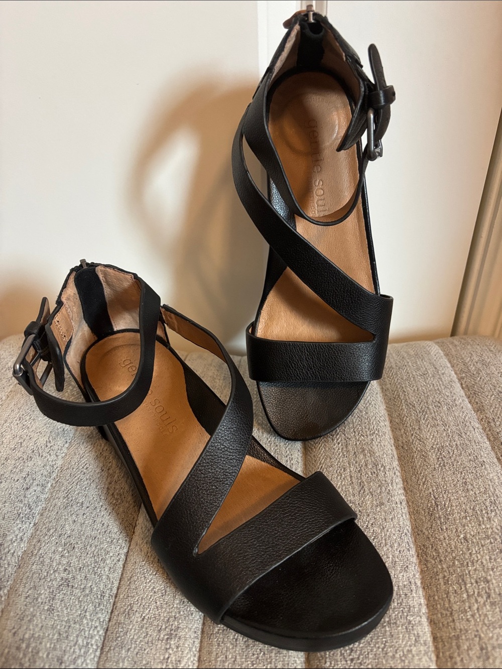 gentle souls Black Leather Crisscross Ankle-Strap Sandals